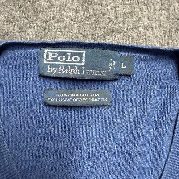 Polo Ralph Lauren V-Neck Sweater Mens Large Blue Knit Pullover Long Sleeve Pima - Picture 2 of 6